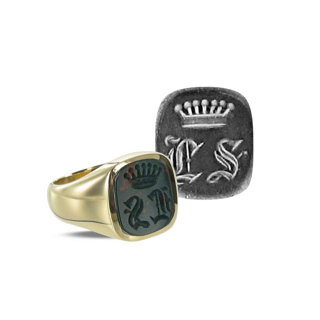 Small Bloodstone Cushion ring seal engraved with initials and coronet