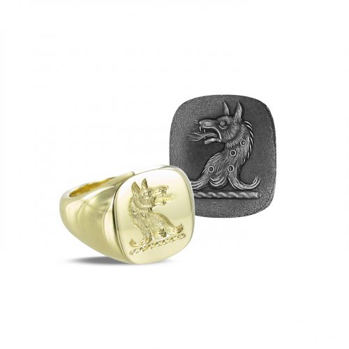 Gold Cushion Signet Ring with Crest