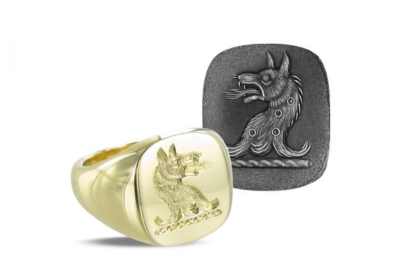 Gold Cushion Signet Ring with Crest