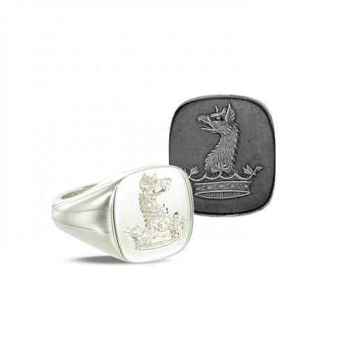 White Gold Cushion Signet Ring with a Crest