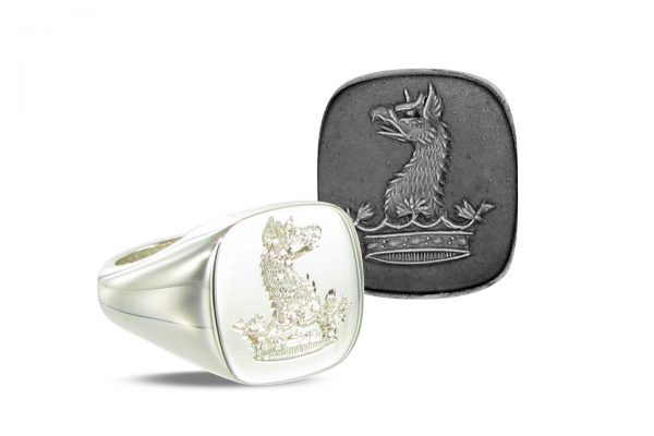 White Gold Cushion Signet Ring with a Crest