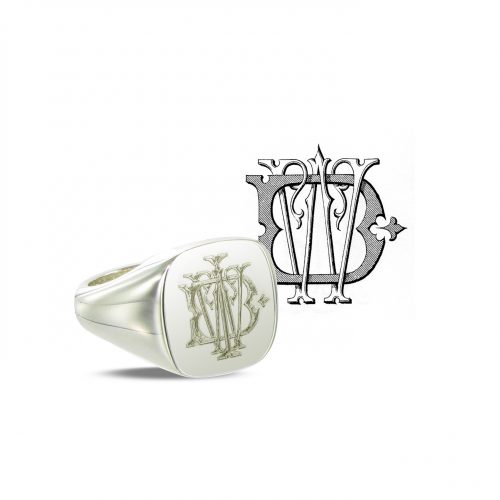 White Gold Cushion signet ring Engraved with a Monogram