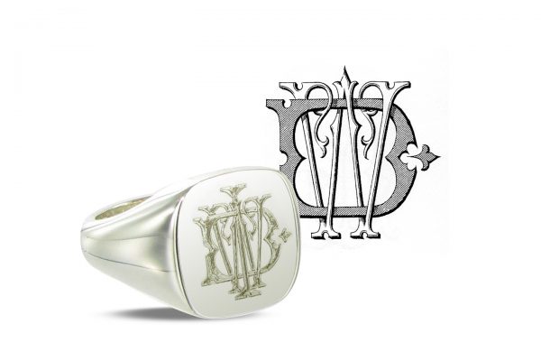 White Gold Cushion signet ring Engraved with a Monogram