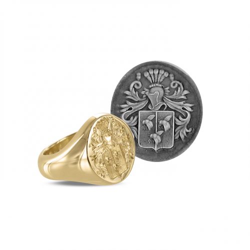 18 carat gold signet ring with coat of arms engraving