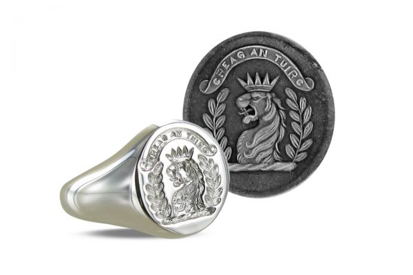 Platinum Signet Ring Seal Engraved with a Crest and Motto