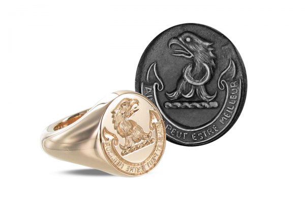 Rose Gold Signet Ring with a Crest and Motto