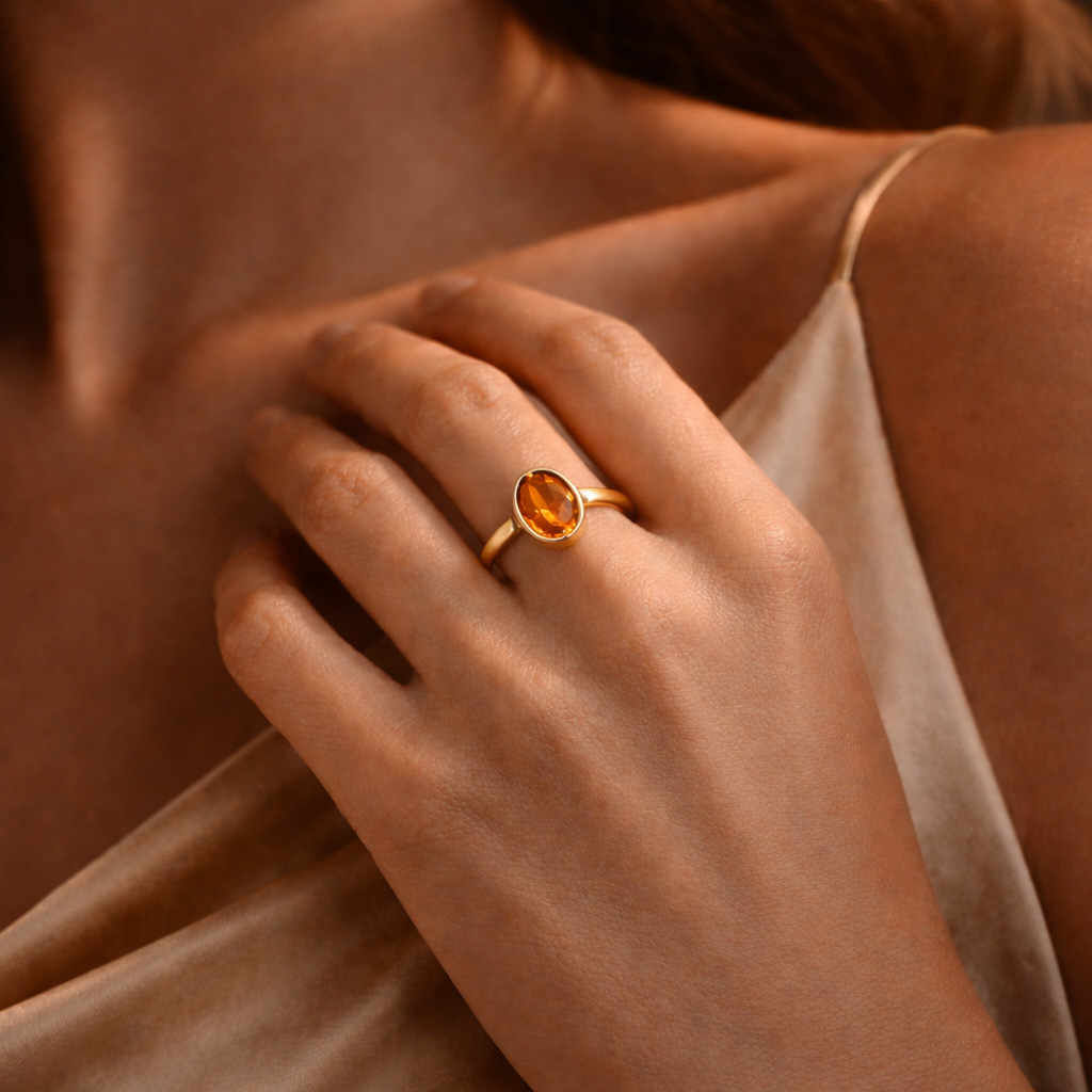 Gold Dress Ring Amber Garnet on Hand